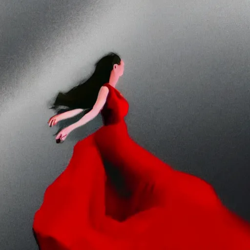 Prompt: a girl in a red dress climbing infinite stairs to heaven, cinematic image, hyperrealistic, sketch draw