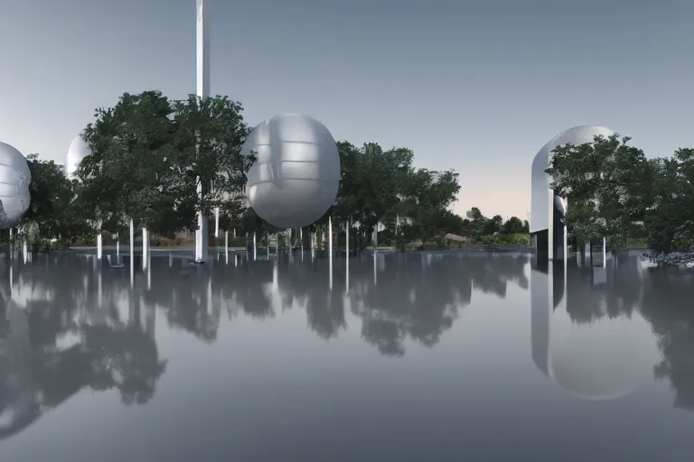 Prompt: a building formed by the intersection and fusion of many multi - white spherical and egg - shaped spaces. on the calm lake, people's perspective award winning, highly detailed 4 k art, dusk, unreal engine highly rendered, global illumination, radial light, internal environment by kazuyo sejima