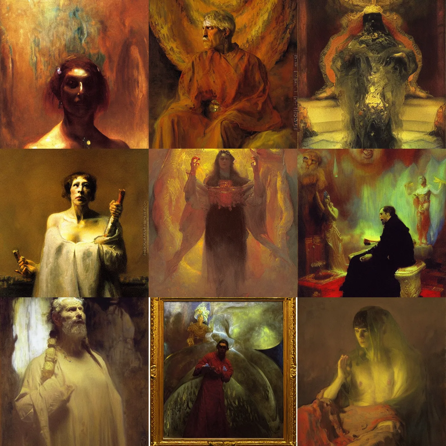 Prompt: portrait of the Oracle of the three prismatic monstrous fates, by Salazar Repin and Sargent, oil on canvas, volumetric diffuse shading