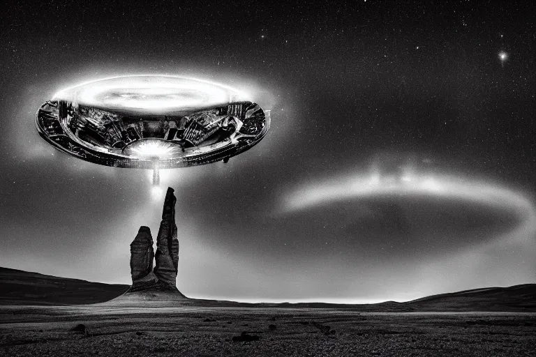 Image similar to alien space ship invading earth in the style of ansel adams, black and white, old, master photography