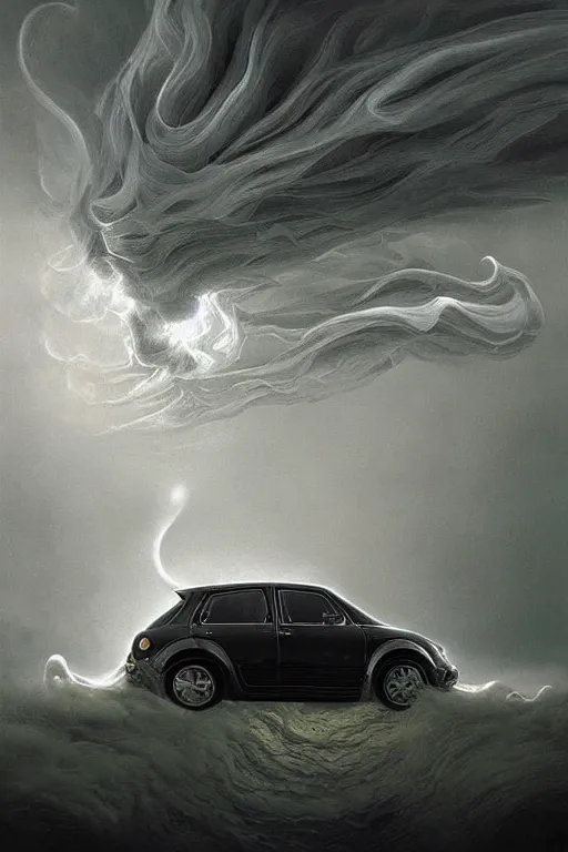 Prompt: Intricate stunning highly detailed white Fiat 600 from the 70s built in Spain, digital painting by agostino arrivabene and Vladimir Kush, surreal, ultra realistic, Horror vacui, dramatic lighting, full moon, thick black swirling smoke tornado, burning fire embers, artstation