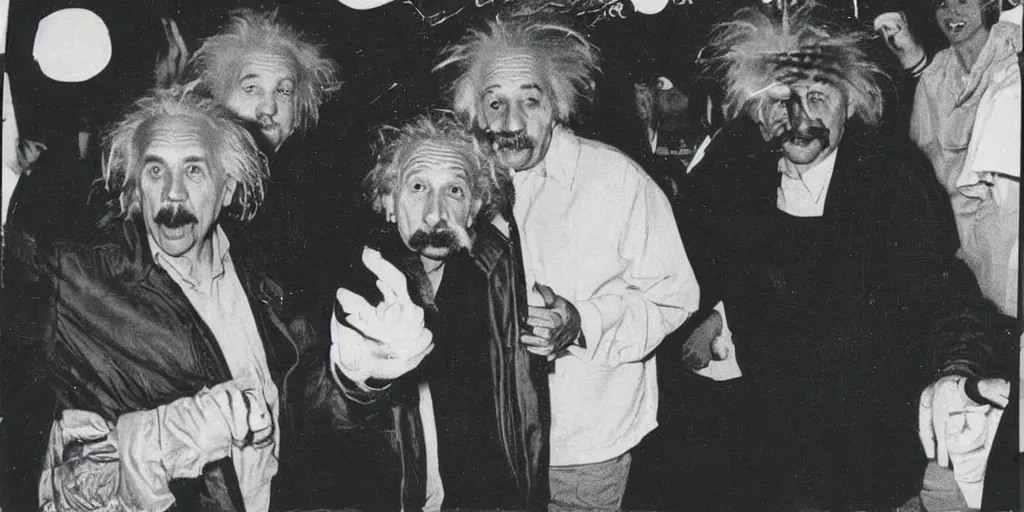 Image similar to old polaroid from 1 9 9 5 depicting albert einstein at a warehouse rave