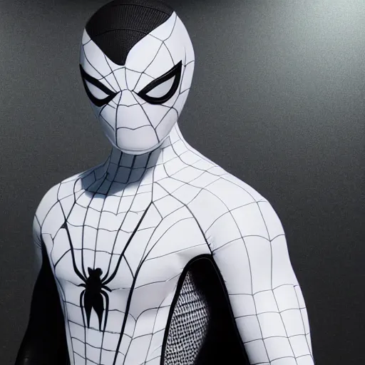 Image similar to white spider - man suit with black web lining, cinematic, volumetric lighting, realistic, hyperdetailed, photorealistic, photograph