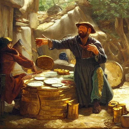 Prompt: merchant discovering gold, oil painting