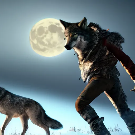 Prompt: a hunter killing a wolf on a full moon night, hd, hdr, unreal engine 5, cinematic, 4k wallpaper, 8k, ultra detailed, high resolution, artstation,