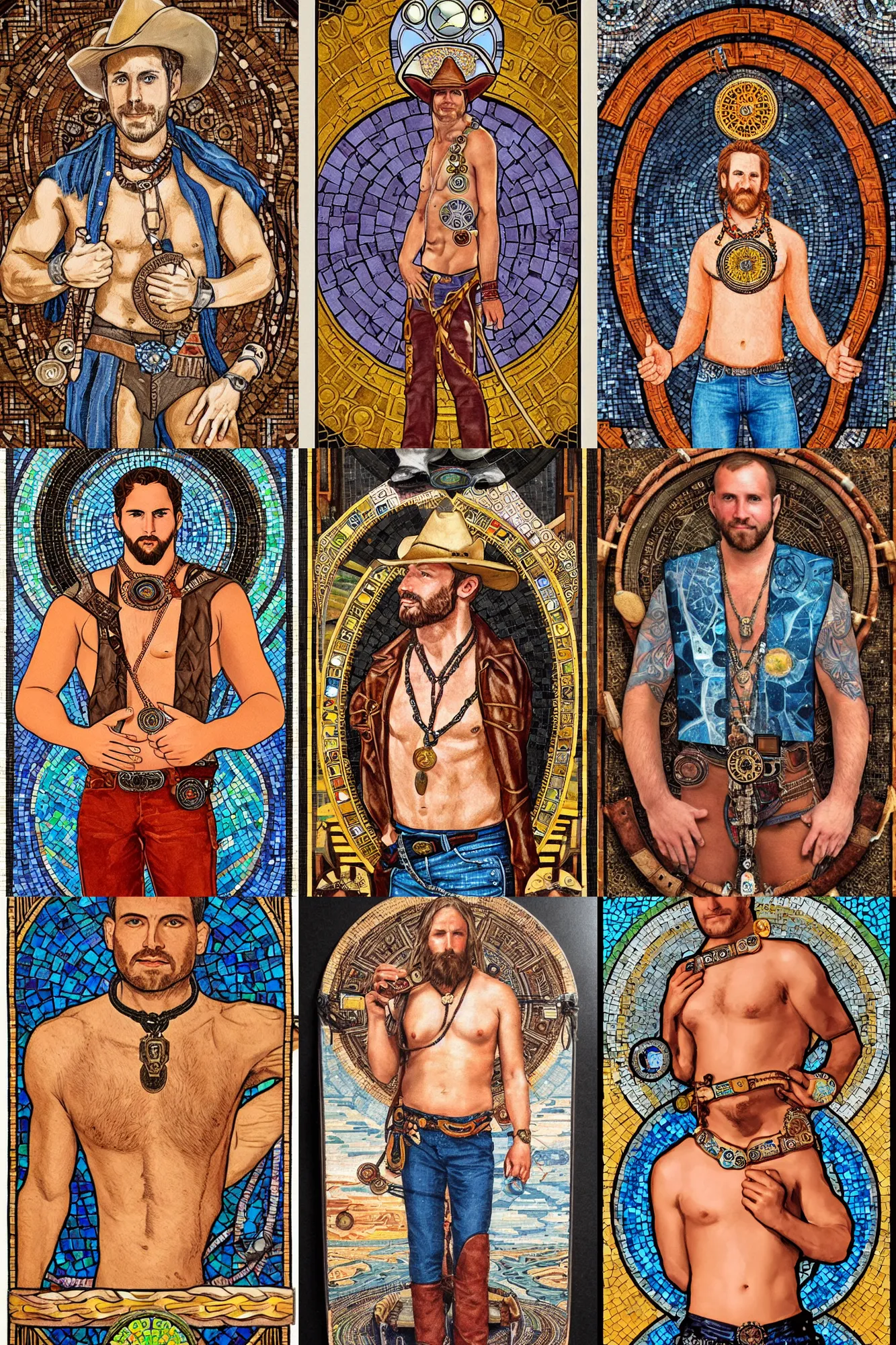 Prompt: a beautiful epic symmetrical tarot painting of a handome chest hair shirtless cowboy wearing a leather vest and pants and a circular pendant around his neck. He is holding reins | background is a mosaic of wagon wheels | tarot card, art deco, art nouveau | trending on artstation