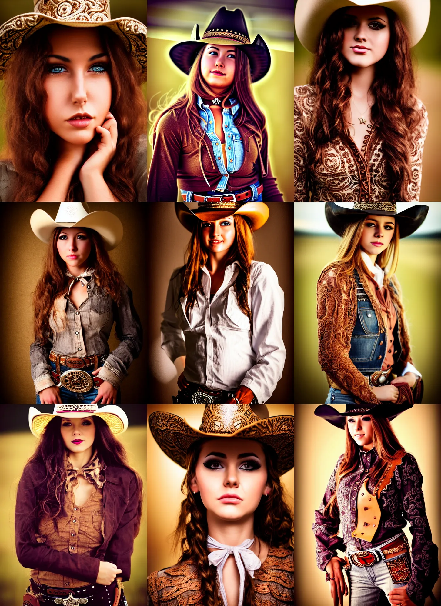 Prompt: full body photograph of a cowgirl beautiful face, intricate clothing, cinematic