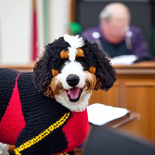 Prompt: a closeup photorealistic photograph of a cute smiling knitted bernedoodle judge dog dressed in a black gown, presiding over the courtroom. professional capture, well lit shot. this 4 k hd image is trending on artstation, featured on behance, well - rendered, extra crisp, features intricate detail, epic composition and the style of unreal engine.