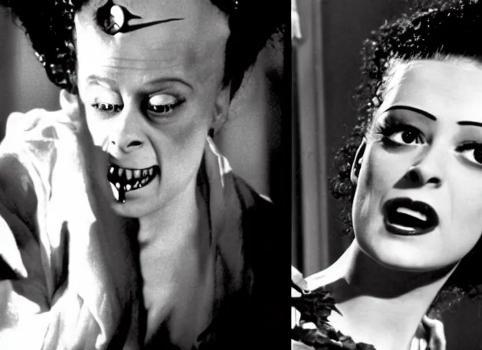 Prompt: instant photo, bride of frankenstein ( 1 9 3 5 ) as teen, still from the movie beetlejuice, cinematic, 1 9 7 0's movie still