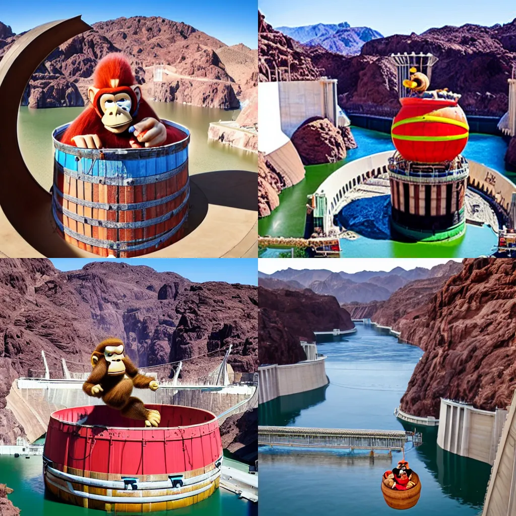 Prompt: donkey kong floating in a barrel over the hoover dam