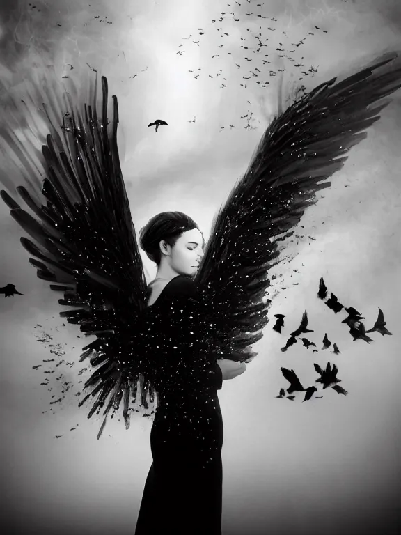 Image similar to portrait of iconic beautiful woman in sophisticated black dress keeping in hands white birds that flying apart turning to smoke and fire and dust. 35mm double-exposure photo, thick fog, daylight, deep shadows, depth of field, cinematic lightning, wide angel, eerie atmosphere, motion blur, HD, smooth and very detailed quality, masterpiece, volumetric lightning, chromatic aberration, Richard Avedon, style of Ade Santora, Tatiana Gorilovsky, cinematic composition, occult, german expressionism, masterpiece, intricate detailed, deep rich palette, wide angel shot