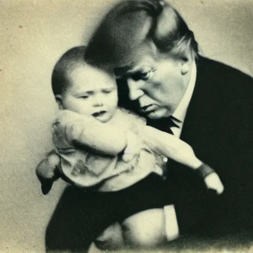 Prompt: old photo of donald trump kicking a child, daguerrotype, tintype, dirty. faded. old photograph, scratches