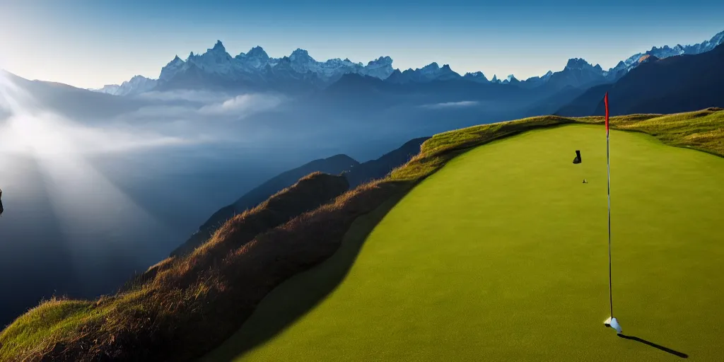 Image similar to a great photograph of the most amazing golf hole in the world, perfect light, over a cliff, in the swiss alps, hangglider, high above treeline, ambient light, 5 0 mm, golf digest, top 1 0 0, fog