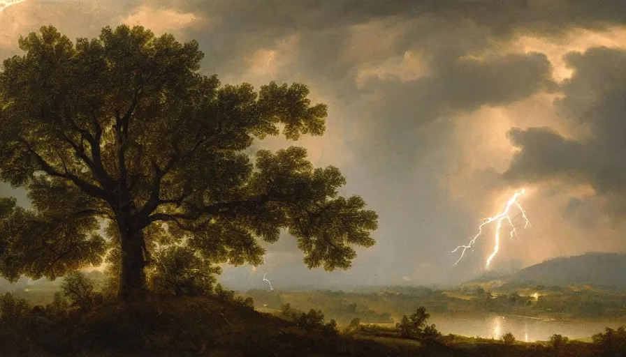 Prompt: A beautiful, highly-detailed oil painting of a rainy landscape; with lightning striking a lonely oak tree