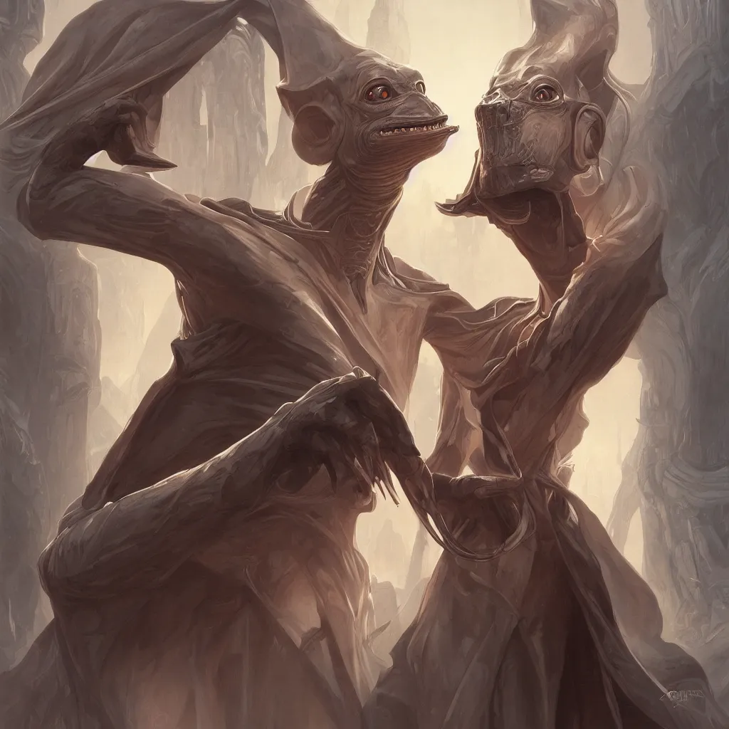 Image similar to JarJar Binks Sith Lord, intricate, elegant, highly detailed, digital painting, artstation, concept art, matte, sharp focus, illustration, hearthstone, art by Artgerm and Greg Rutkowski and Alphonse Mucha