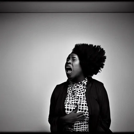 Prompt: candid photo, of a surprised black woman, very surprised, kodak tri-x style, portrait, moody lighting