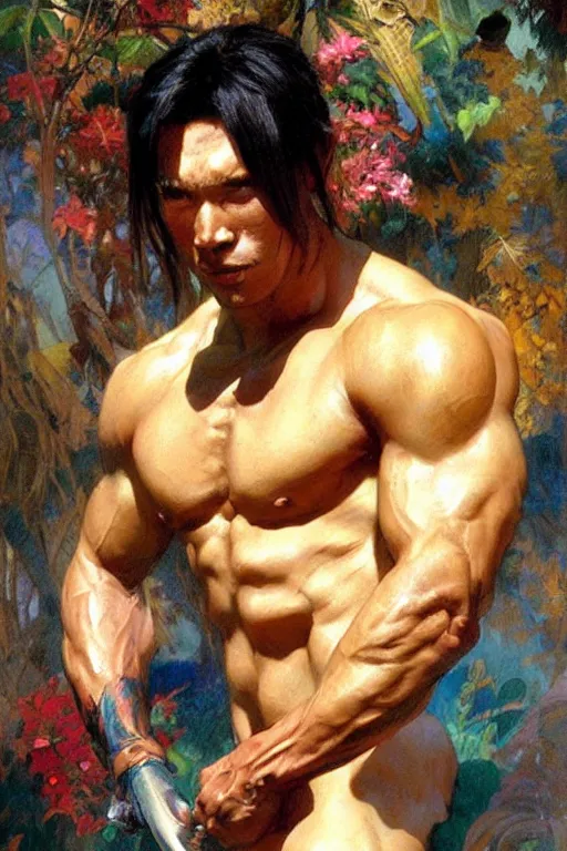 Image similar to attractive muscular man, wuxia, colorful, painting by gaston bussiere, craig mullins, greg rutkowski, alphonse mucha