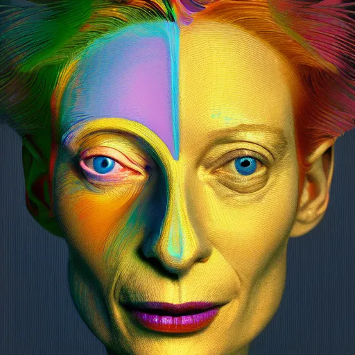 Image similar to a realistic octane render physically based rendering chrome neon tilda swinton, trending on artstation, by archan nair and marlene dumas, intricate details, gilded, in the style of frank auerbach, by kandinsky