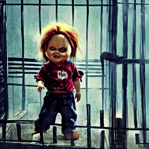 Image similar to the doll chucky in the middle of a cage fighting with doll annabelle, epic mma fight, dramatic poses, disneyland as backdrop, oil painting, by greg rutkowski