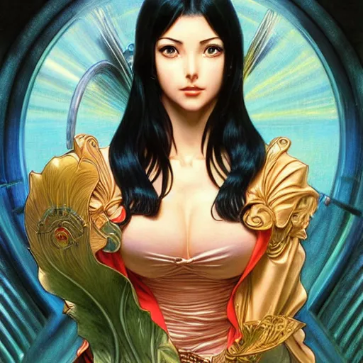 Prompt: intricately detailed vfx portrait of nico robin by eiichiro oda!, makoto shinkai, alphonse mucha, art by artgerm and greg rutkowski!, blue eyes!!, large aquiline nose!!, best of behance, concept art, matte, sharp focus, adolphe bouguereau, annie leibovitz, stanley kubrick,