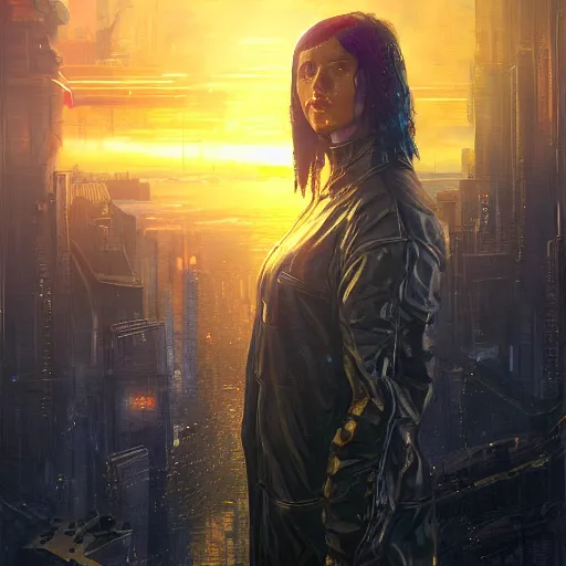 Prompt: molly from neuromancer, extremely detailed portrait of a young cyberpunk woman, eye implants, sunset, cyberpunk city background, painted by seb mckinnon, high detail, digital art, painted by greg rutkowski, trending on artstation