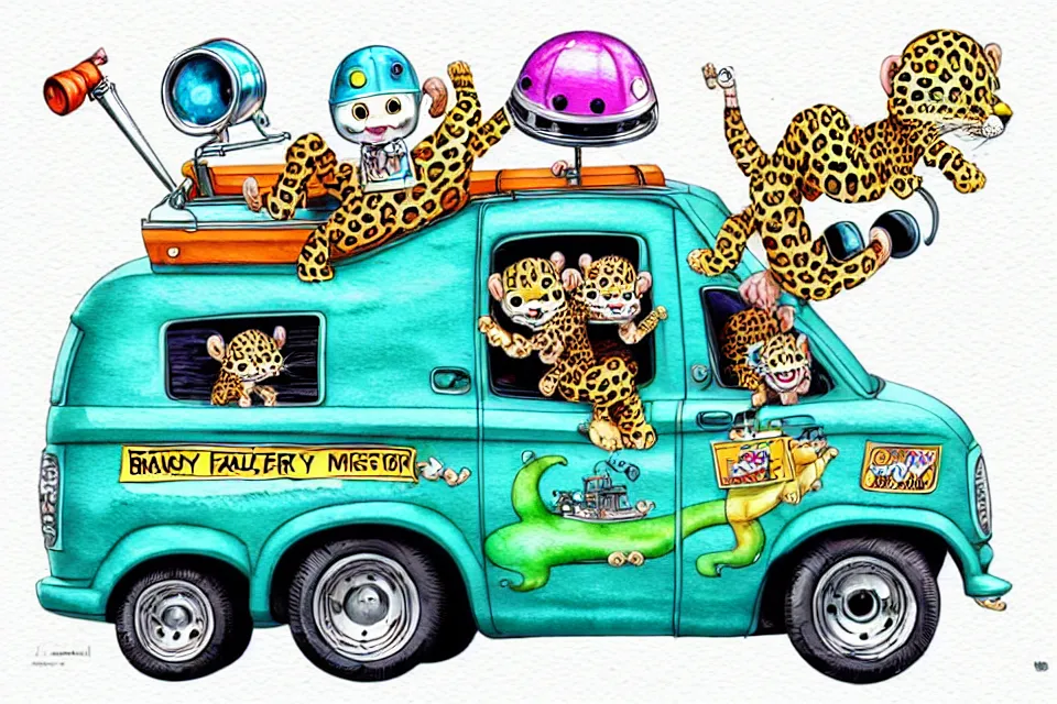 Image similar to cute and funny, baby leopard wearing a helmet riding in a mystery machine van, ratfink style by ed roth, centered award winning watercolor pen illustration, isometric illustration by chihiro iwasaki, edited by range murata, tiny details by artgerm and watercolor girl, symmetrically isometrically centered, sharply focused