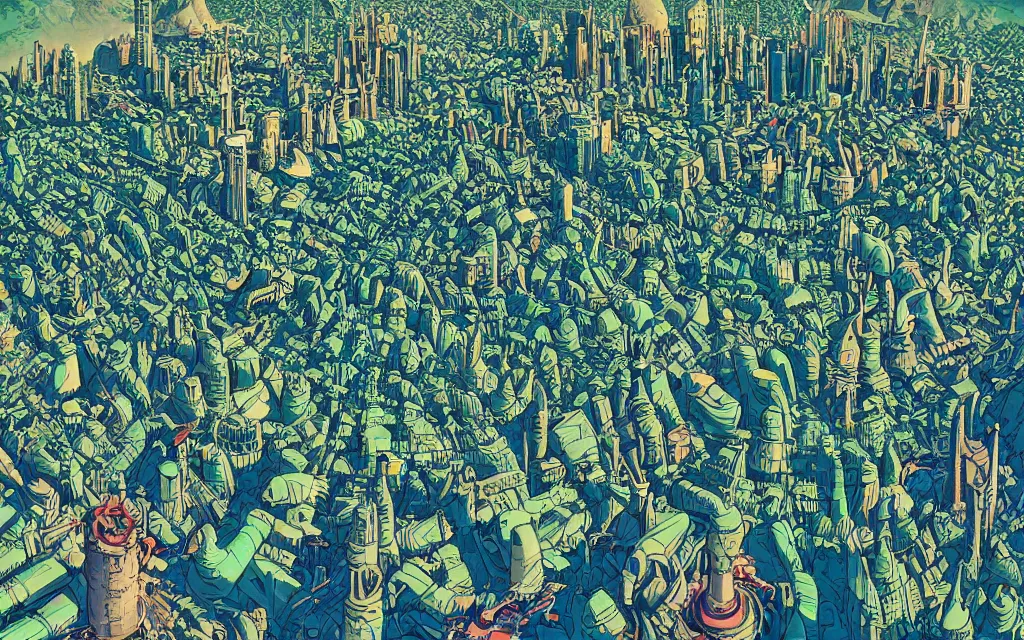 Image similar to very detailed, ilya kuvshinov, mcbess, rutkowski, illustration of a dense green alien megacity on a desert planet, alien architecture, seen from above, colorful, deep shadows, astrophotography