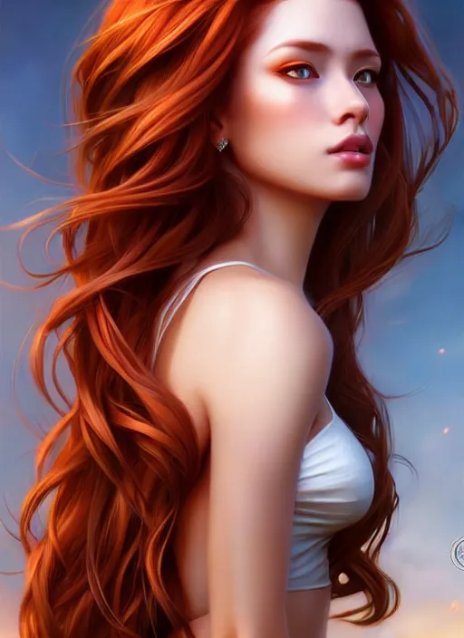 Prompt: a gorgeous female with long auburn hair in the style of stefan kostic, realistic, full body shot, wide angle, sharp focus, 8 k high definition, insanely detailed, intricate, elegant, art by stanley lau and artgerm, floating embers
