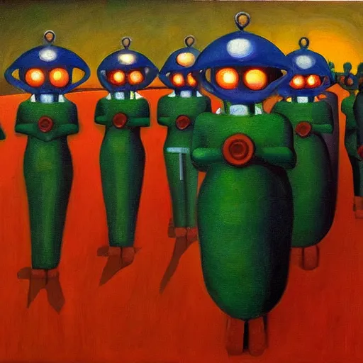 Image similar to robot druids in a grand processional, grant wood, pj crook, edward hopper, oil on canvas