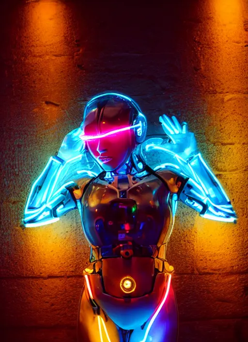 Image similar to a 3 5 mm photo of a cybernetic woman with led lights and neon with chrome details, splash art, movie still, bokeh, canon 5 0 mm, cinematic lighting, dramatic, afrofuturism, film, photography, golden hour, depth of field, award - winning, anamorphic lens flare, 8 k, hyper detailed, 3 5 mm film grain