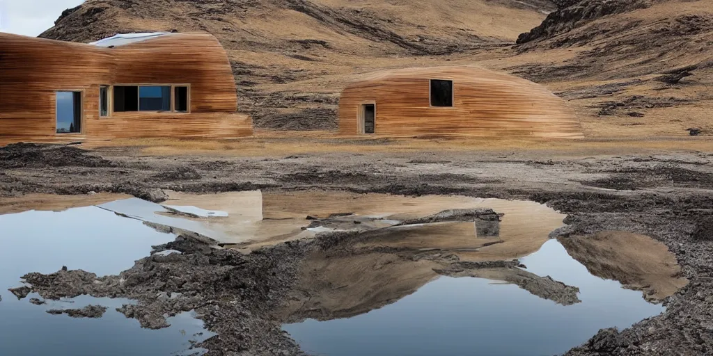 Image similar to futuristic architect house made from deconstucted wood and mirrors, iceland landscape photography, by lurie belegurschi and gunnar freyr