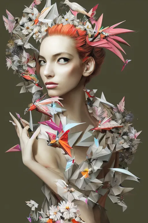 Prompt: fashion illustration of a beautiful girl wearing an origami dress, eye - level medium shot, fine floral ornaments in cloth and hair, hummingbirds, elegant, by eiko ishioka, givenchy, by peter mohrbacher, centered, fresh colors, origami, fashion, detailed, playful, dreamy, vogue, japanese, reallusion character creator