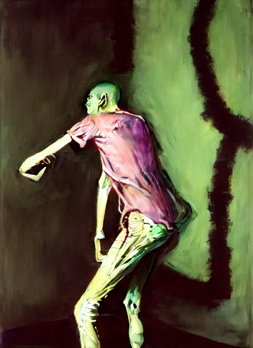 Image similar to an insane, skinny artist wearing torn overalls, expressively twisted body, fighting with a large ghost, depth of field, hauntingly surreal, highly detailed oil painting, by francis bacon, edward hopper, adrian ghenie, glenn brown, soft light 4 k, pink and green colour palette, cinematic composition, cinematic lighting, high quality octane render