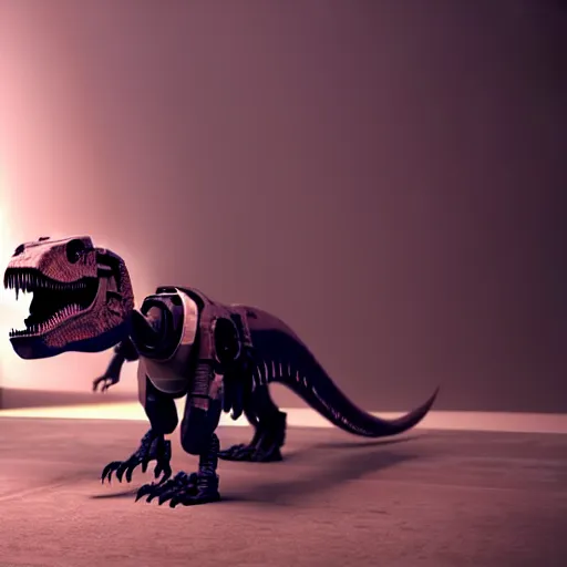 Prompt: a !robot! controlling a t-rex, the t-rex walks peacefully in a lab, octane render, 3D, award-winning, as coherent as Dall-E 2