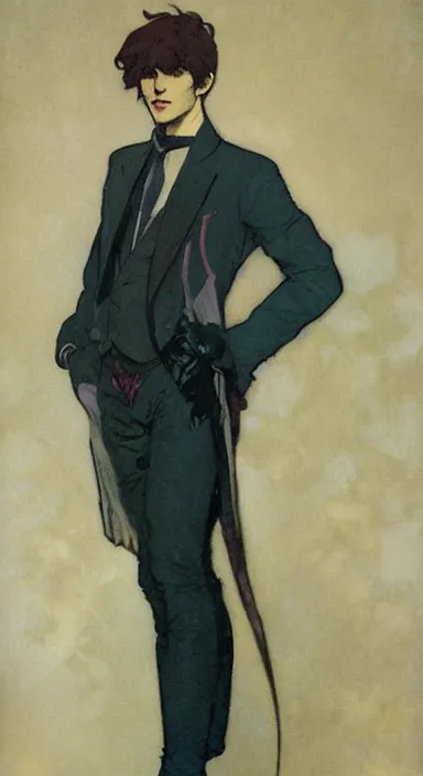 Image similar to Full body portrait of a pretty cat boy in his twenties in fancy clothes. Art by Greg Rutkowski and Alphonse Mucha