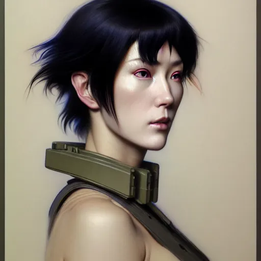 Prompt: Masterpiece head and shoulder portrait of Major Kusanagi from Ghost in the Shell drawn by Donato Giancola and Tom Bagshaw, face by Artgerm and Edmund Leighton, Alphonse Mucha, background by James Jean and Gustav Klimt, 4k, porcelain skin, komorebi, french nouveau, trending on artstation, octane render, hyperrealistic