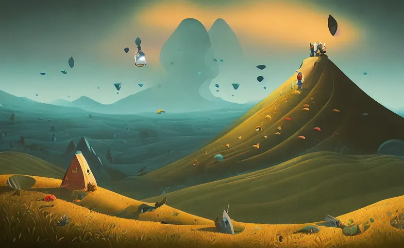Prompt: A landscape painting of a hill with fishes floating in the sky by James Gilleard, Mark Ryden, Wolfgang Lettl highly detailed, Dark cineamtic and atmospheric lighting
