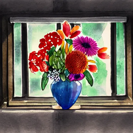 Image similar to a fancy vase with a colorful and beautiful flower arrangement by the fancy window. very stylize and delicate watercolor and pencil drawing. 3 d. beautiful lighting, 4 k post - processing, trending in art station, cg society, highly detailed, 5 k extremely detailed