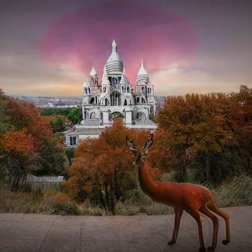 Image similar to abandoned Basilica of Sacré Coeur de Montmartre, toxic orange and pink clouds strain the sunlight, stark contrasting lighting, contrejour, a two-headed mutated deer-like creature looks on in the distance from the sparse twisted silhouetted foliage, a highly detailed colorful matte painting by Scott Listfield and Mikko Lagerstedt, featured on Artstation, Unreal Render, 8k HDR, fisheye