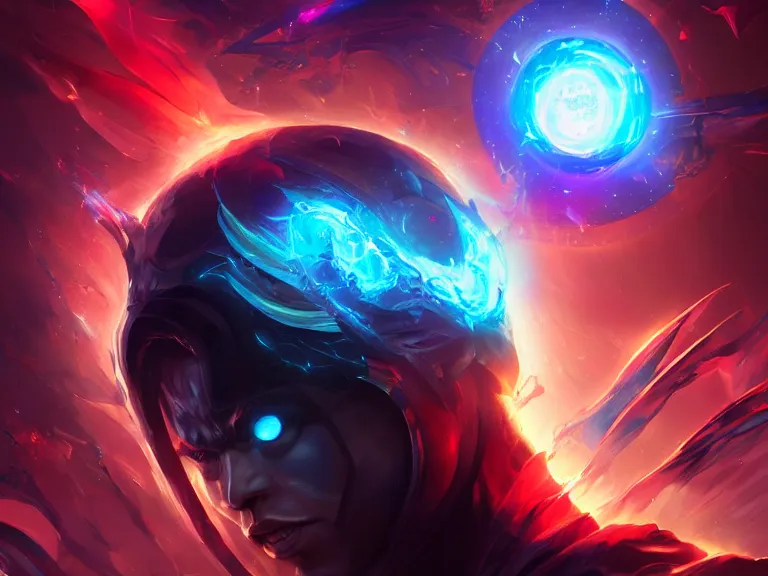 Prompt: portrait of cosmic emperor, overflowing with energy, nexus of the universe, black hole, rule of thirds, red and blue gradient, photorealistic facial features, league of legends splash art, by chengwei pan, huang guangjian, viktoria gavrilenko, artgerm, greg rutkowski, 8 k, octane, digital painting, artstation