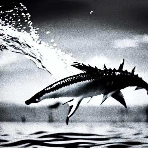 Prompt: a real life gyarados swimming in a lake, proof photograph, black and white, blurry, old camera, grainy, motion blur, unfocused