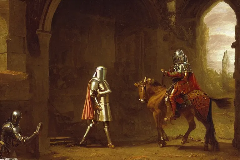 Image similar to an oil painting of a knight wearing plate armor entering a medieval church on a horse, 4 k, highly detailed, painted by thomas cole