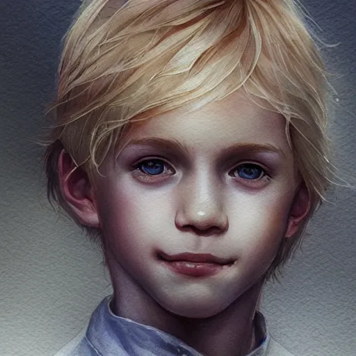 Image similar to young boy, blonde hair, happy eyes, smile, gorgeous, amazing, delicate, elegant, intricate, highly detailed, watercolor, portrait, artstation, concept art, sharp focus, illustration, art by charlie bowater and Ross tran