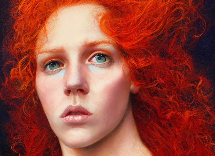 Image similar to a highly detailed beautiful portrait of woman with flaming fiery hair, james gurney, james jean