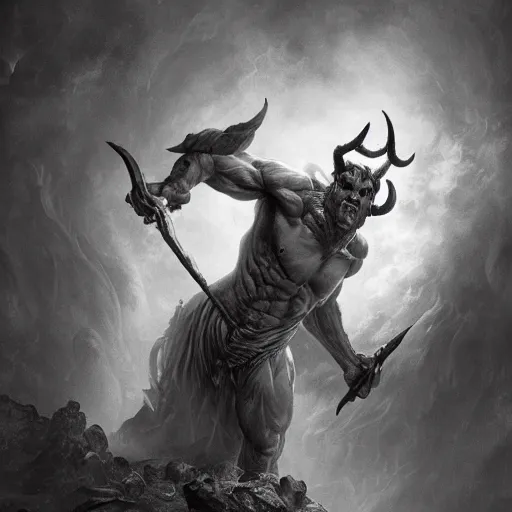 Image similar to full body, grayscale, muscled humanoid balrog demon, horns, claws, large horned tail, heroic pose, flames, fire, tarot, Gustave Dore, Greg Rutkowski,