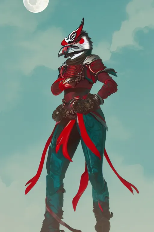 Prompt: female adventurer in tight full - body teal leather armor of japanese design with red accents and a white porcelain crow mask, trending in artstation, japanese, artstation, big moon in the background, establishing shot