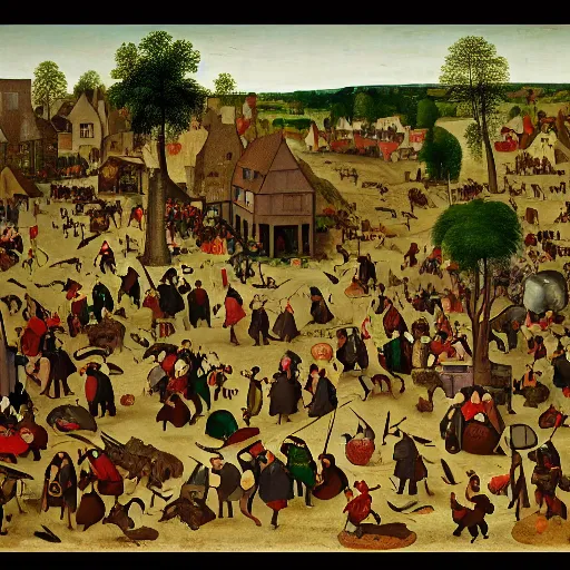 Prompt: the busy world of richard scary in the style of pieter bruegel the elder