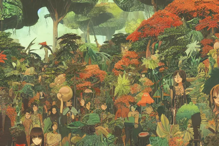 Prompt: 2 d gouache illustration, a lot of exotic vegetation, trees, many many many human heads, flowers, oldschool vintage sci - fi flat surreal design, super - detailed, painting by satoshi kon, hd, 4 k, high quality