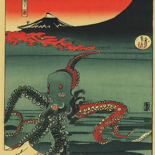 Prompt: Robot fighting octopus in front of Mt Fuji, Ukiyo-e by Utagawa Kuniyoshi