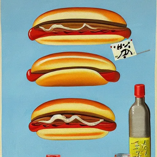 Prompt: beautiful vintage hot dog painting by isami kondo